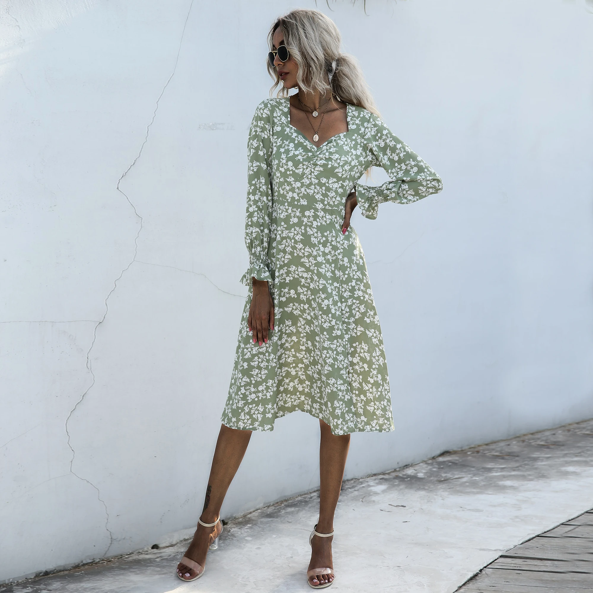

2020 fashion autumn dresses for woman long sleeve zipper slim fit floral frocks side slit ladies' midi fall office school dress