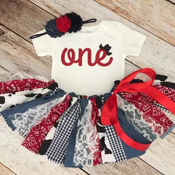 

Personalize Cowgirl Birthday Outfit, Red, Denim and Cow Print Outfit, customized Country Western Birthday Theme tutu set