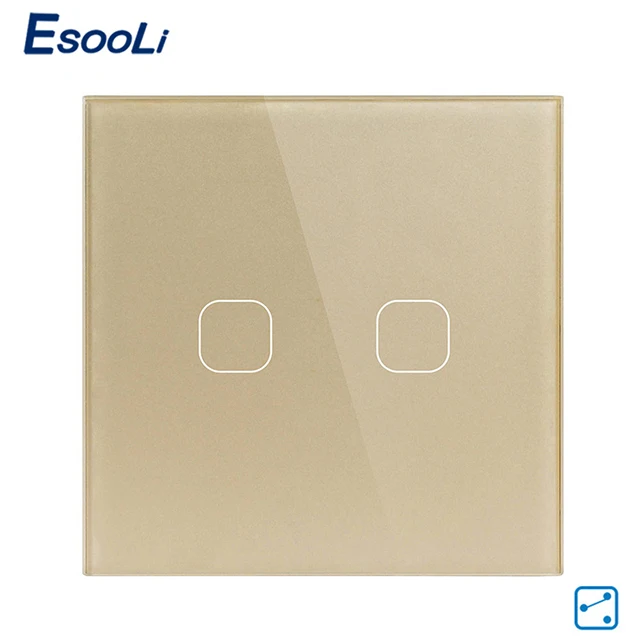 2 Gang 2 Way Gold Esooli ЕС Stanard сенсорный выключатель 1 способ/2 Way сенсорный выключатель, 1/2/3 с украшением в виде кристаллов Стекло Панель настенный выключатель света Сенсорный экран переключатель - Цвет: 2 Gang 2 Way Gold