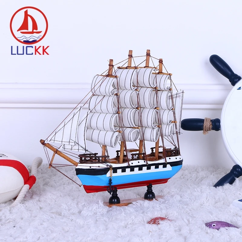 

LUCKK 24CM Handmade Scandinavian Style Wooden Sailing Boat Model Home Decor Marine Wood Crafts Miniature Nautical Figurine Gifts