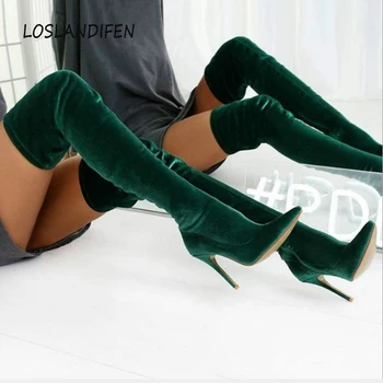 

2019 winter knees ladies boots elastic socks boots high boots high heels pointed ladies boots 34-43cm large size women's shoes
