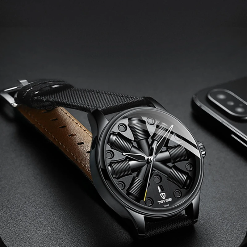 TEVISE Tourbillion модные спортивные мужские автоматические механические часы, уникальные креативные часы с кожаным ремешком, водонепроницаемые часы с календарем