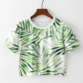 

Artguy New Spring Summer Women Fashion Short Sleeve Green Leaf Printed Cropped T shirt Crop Top Ladies Tee Harajuku Tops