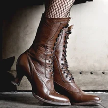 Женские Винтажные ботинки из искусственной кожи женская обувь повседневные женские весенние однотонные ботинки до середины икры на квадратном каблуке-шпильке со шнуровкой, Размеры 35-43