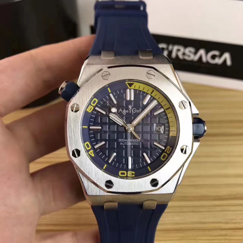 

Luxury Brand New Men Stainless Steel Automatic Mechanical Watch Diver Sapphire Sport Watches Black Rubber Silver Glass Back AAA+