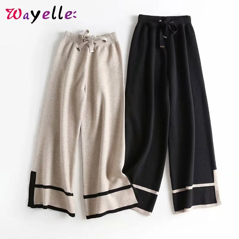 

Wide Leg Women Elastic Waist Knitted Pants 2019 Korean Autumn Casual Chic Full Length Women Pants Elegant Cargo Pants Women