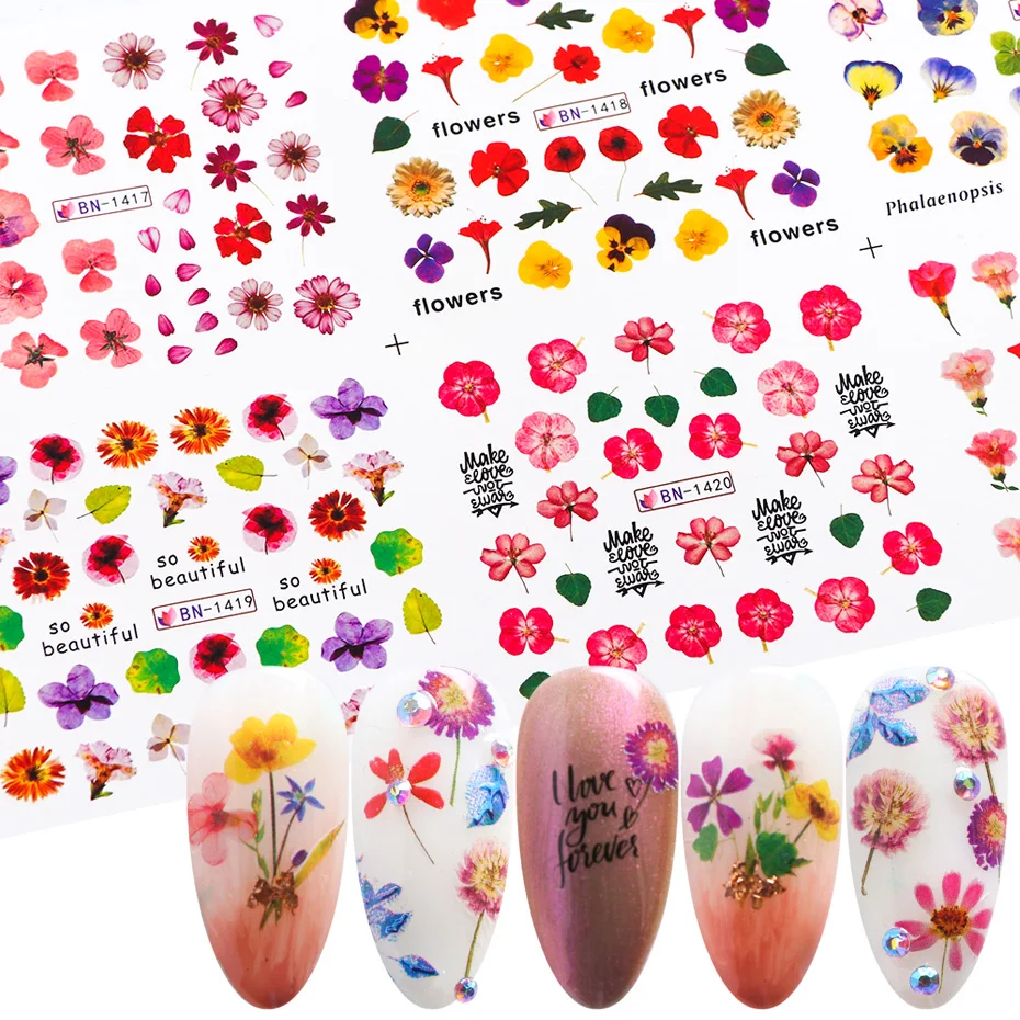 12 шт. цветок серии воды ногтей Наклейка цветок дизайн клей дизайн ногтей водяные марки советы слайдер для маникюра JIBN1417-1428
