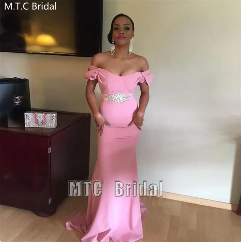 

Pink Mermaid Long Evening Dress With Crystal Belt Off The Shoulder Satin African Girl Wedding Party Dresses Plus Size Prom Gown