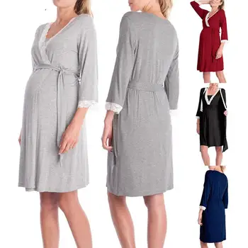 

Maternity Solid Color Sleepwear Dress Pregnant Women Lace Stitching Cardigan Breastfeeding Robes Pajamas Pregnancy Mom Nightwear