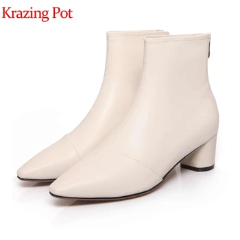 

Krazing pot genuine leather square toe round med heels gladiator big size 43 42 solid color wedding sexy party ankle boots l8f2
