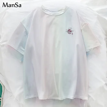 

Women Simple Mesh Patchwork tshirt harajuku O-Neck T-shirts Creative embroidery Loose t shirt Fake two pieces Short Sleeve tops