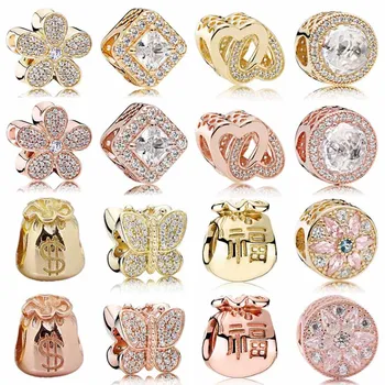 

Real Rose Gold Pave Butterfly Dazzling Daisy Geometric Radiance Charm 925 Sterling Silver Beads Fit Bracelet DIY Jewelry