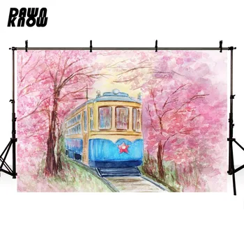 

DAWNKNOW Oil Painting Train Photography Background Backdrop Drawing Pink Flower Forest Photo Shoot Wedding Photo Studio lv2030