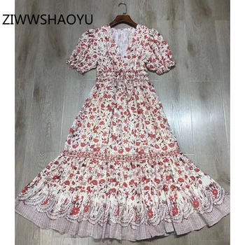 

ZIWWSHAOYU Summer Women Elegant Vintage V-Neck Dress Designer Ladies Drawstring Waist Ruffle Hem Floral Print Midi Dresses