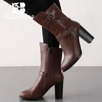 

RIZABINA Office Lady Mid Calf Boots Winter Fashion Buckle Zipper Warm Fur Short Boots Casual Square Heel Shoes Women Size 34-43