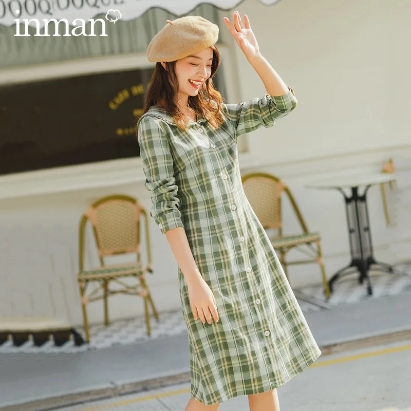 

INMAN 2020 Spring New Arrival Literary Doll Collar Age-reducing Single-breasted Check Long Sleeve Dress