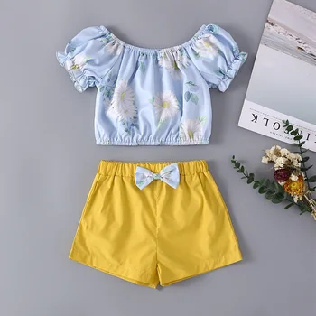 

2020 Summer Infant Rompers Clothes Short Puff Sleeve Flower T-shirt Yellow Shorts Baby Girls Clothes Rompers Baby Costume 0-24M