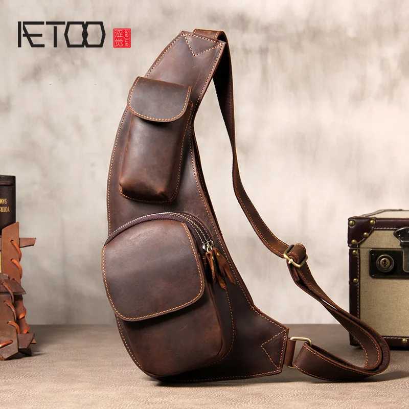 

BJYL Vintage mad horse leather men's bag, handmade leather breast bag, head leather one-shoulder diagonal diagonal bag
