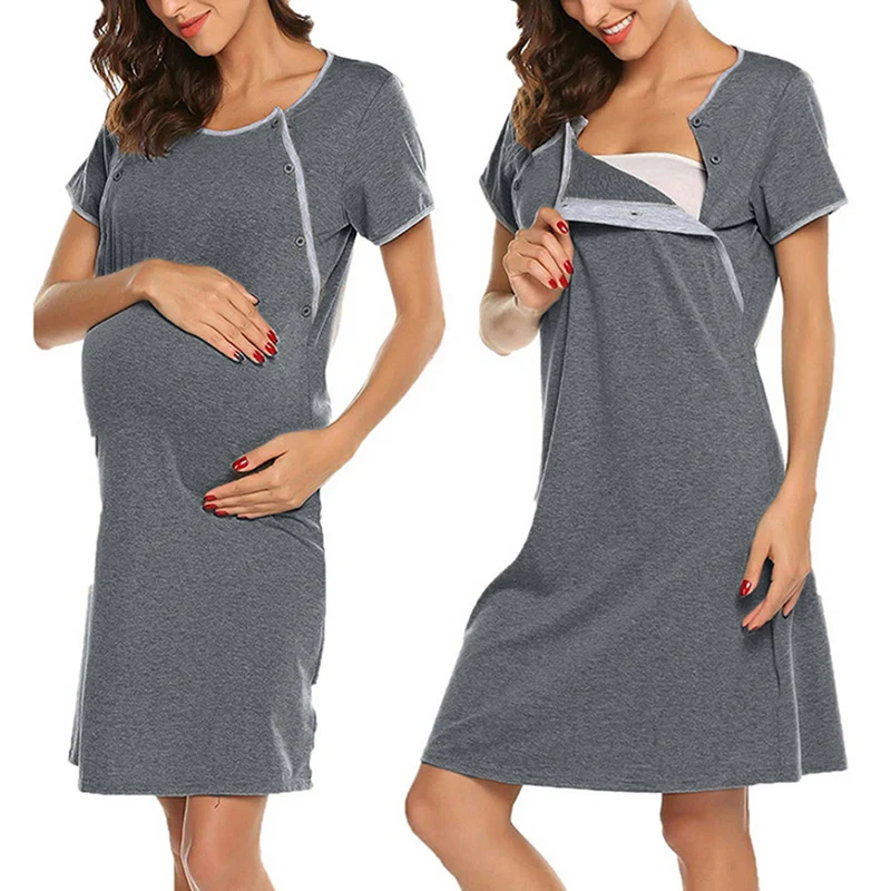Вискозный спортивный костюм для беременных, кормящих, Повседневное платье с открытой пряжкой, ночная рубашка для беременных, кормящих грудью, элегантное платье