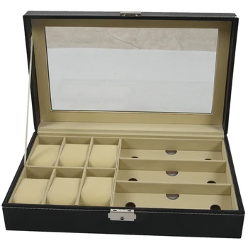 

PU Leather 6 Grid 3 Sunglass Watch Display Box Case Storage Organizer Black
