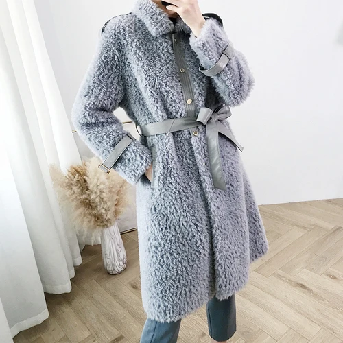 Grey Blue Женское пальто с натуральным мехом, шерсть, женская одежда,, стрижка овец, Осень-зима, пальто для женщин, корейский стиль, Ретро стиль, A19236 YY1943 - Цвет: Grey Blue