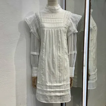 

Women Dress 2020 New Style Shoulder Ruffle Stitching Lace Stand Collar Solid Color Dress