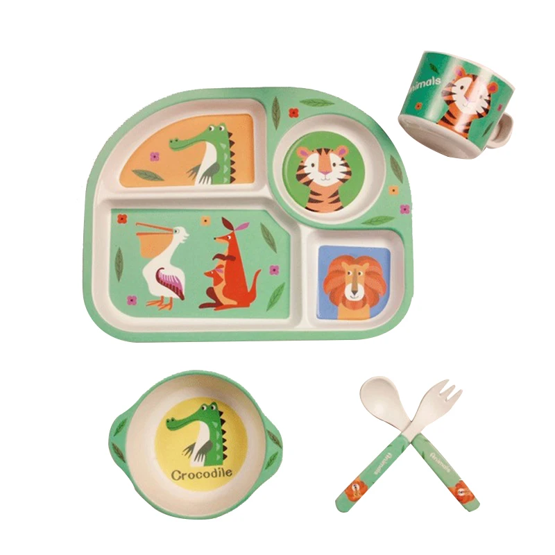 Baby Feeding Bowl Plate Dishes Fork Spoon Cup 5Pcs/Set Children Tableware Bamboo Fiber Kids Cartoon Separation Feeding Plate