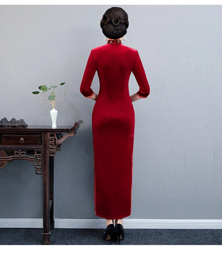 Китайское стильное длинное Чонсам ручной работы из бисера Cheongsam элегантное велюровое платье cheongsam церемониальное Ципао ретро платье