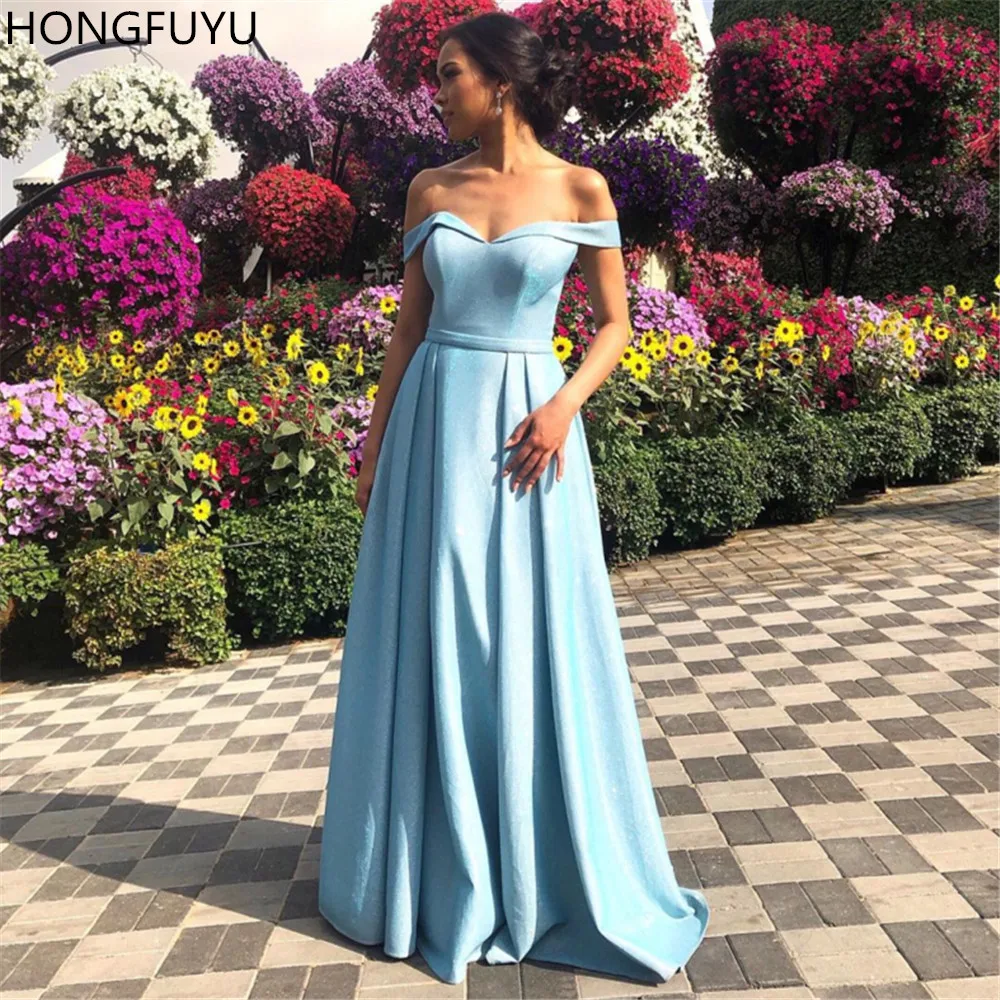 HONGFUYU Off-shoulder Cinderella Prom Dresses A Line Satin Sequin Formal Evening Dress Long Sparkly robe de soirée Floor Length