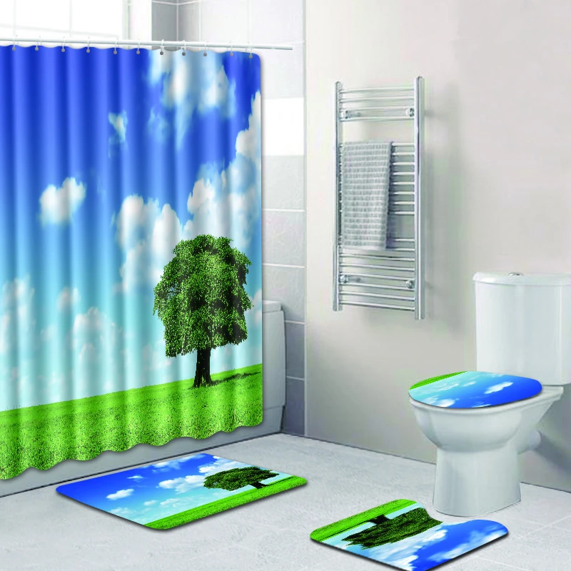 Zeegle 4pcs Bath Mat Set with Shower Curtain Toilet Cover Mat Anti-slip Toilet Floor Rug Modern Soft Mat Toilet U Type Mat Lid