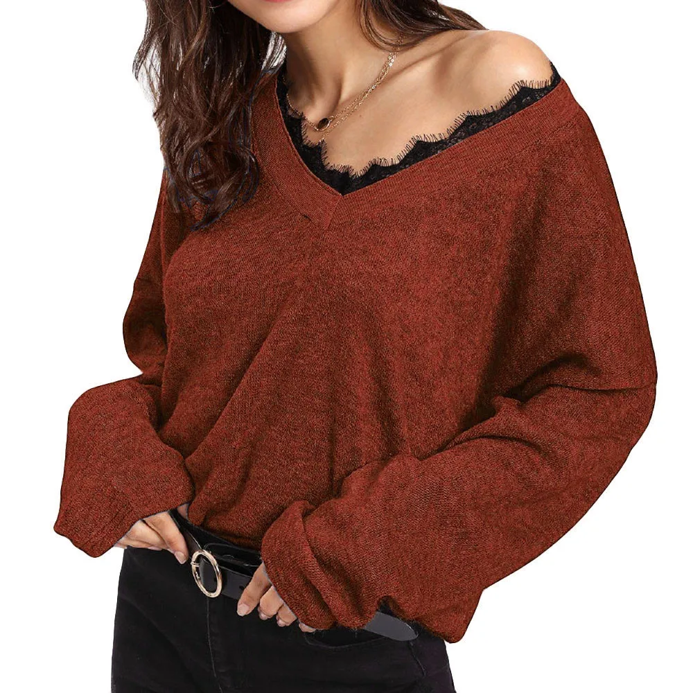 e Осенне-зимний свитер женский Pull Femme Jersey Mujer пуловер с вырезом в виде буквы V длинный рукав пэчворк вязаный свитер OY40 - Цвет: e