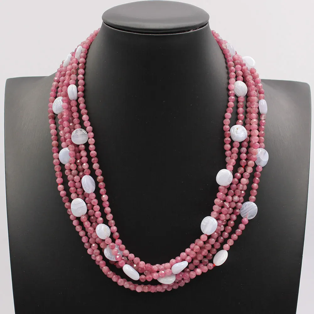 6 Strands Red Round Faceted Tourmalines Blue Agate Chalcedony Necklace Fashion Jewelry