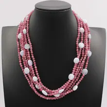 

6 Strands Red Round Faceted Tourmalines Blue Agate Chalcedony Necklace Fashion Jewelry