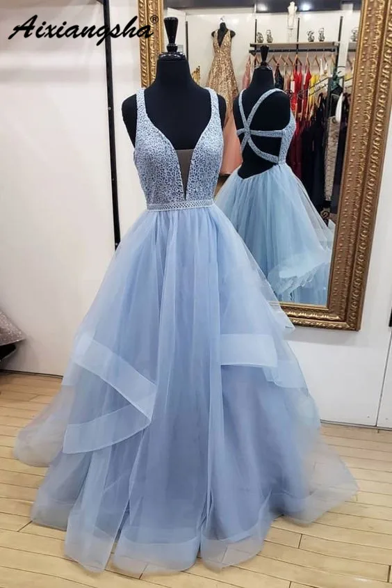 Сексуальное платье с v-образным вырезом, а-силуэт светло-синее платье для выпускного вечера платье с гофрированным кружевом из тюля vestido de fiesta длинное платье для выпускного вечера es