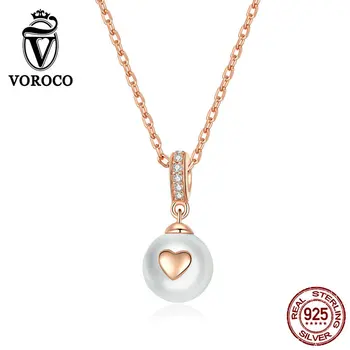 

VOROCO Real 925 Sterling Silver Rose Gold Color Heart Pearl Pendant Necklace for Women Elegant Wedding Jewelry 2019 New BKN351