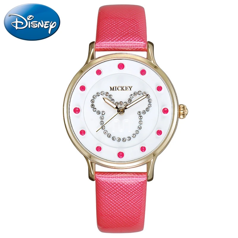 

Disney Ladies Mickey Mouse Luxury Bling Crystal Watch Genuine Leather Band Women Fashion Watches Japan Quartz 30M Waterproof Hot