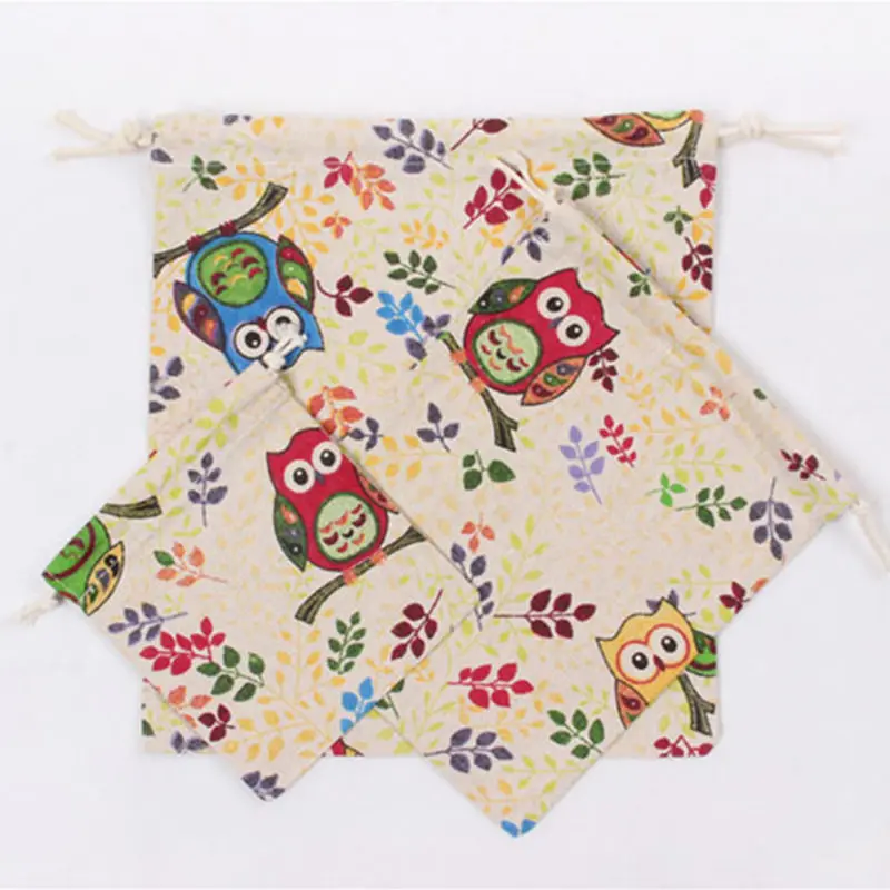 Owl Branch Pattern Drawstring Storage Bags Pouch Cotton Linen Travel Cosmetic Key Coins Gift Sundries Organizer S/M/L 1 Piece