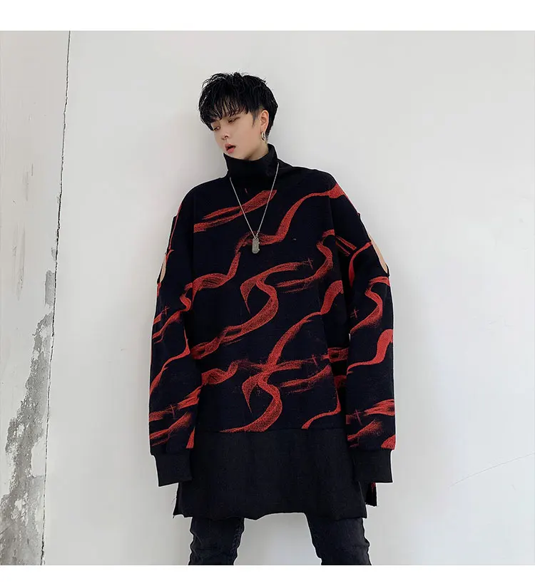 Male Streetwear Hip Hop Long Sweatshirt Men Autumn Winter Turtleneck Loose Casual Long Sleeve Hole Print Pullover Hoodie