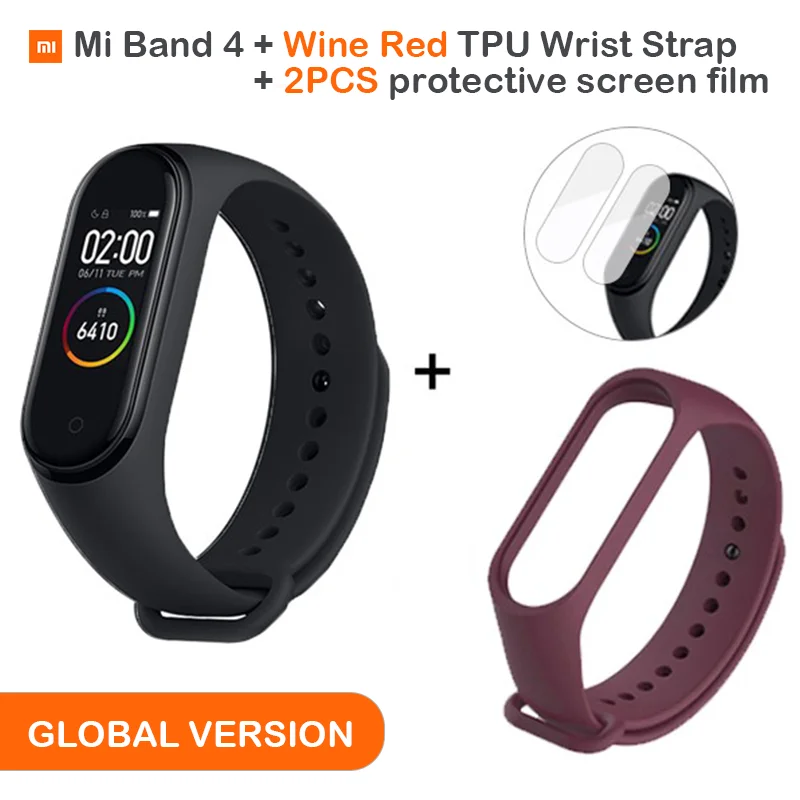Add Wine Red Strap Глобальная версия, Xiaomi mi, 4 смарт-браслета, цветной дисплей, браслет, пульсометр, фитнес, Bluetooth, 5,0, для плавания, mi ng, водонепроницаемый - Цвет: Add Wine Red Strap