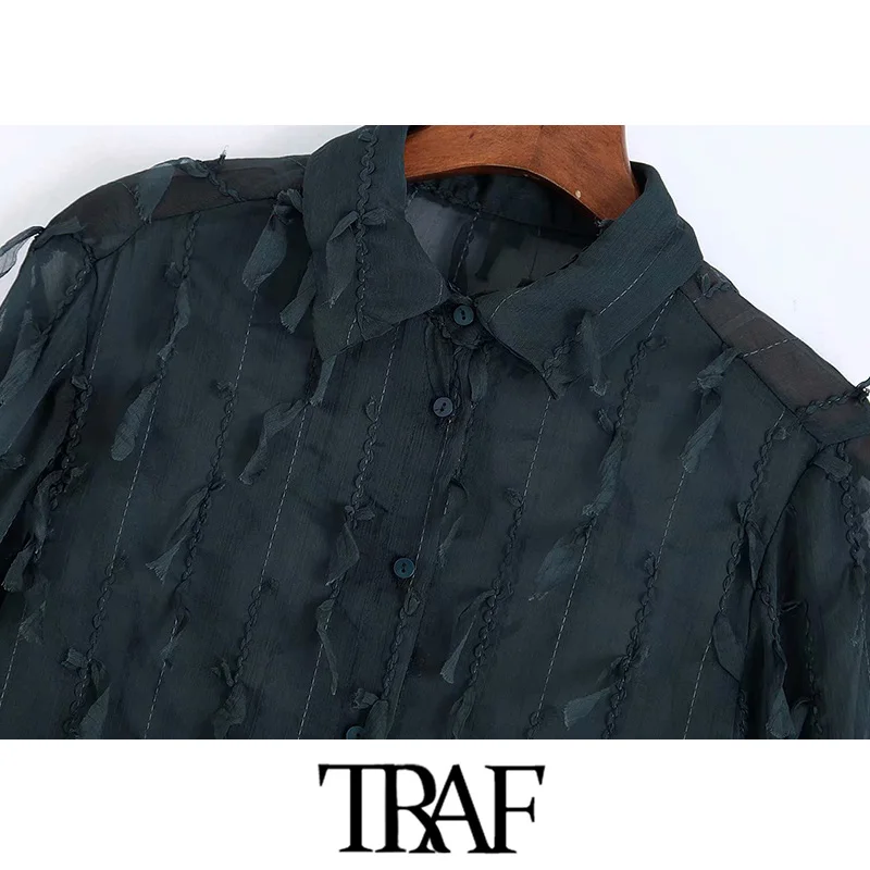 TRAF, Женская винтажная стильная офисная одежда, блузка с кисточками, модный воротник с лацканами, длинный рукав, прозрачные женские рубашки, блуза, шикарные топы