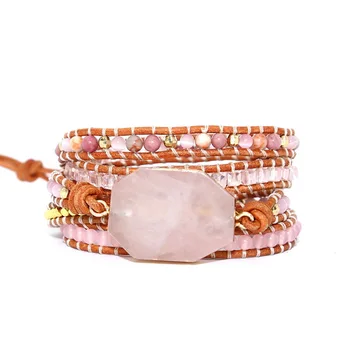 

Natural Stone 5 Wraps Bracelets Femme Handmade Crystal Pink Quartz Bracelet For Women Charm Bohemian Jewelry Accessories