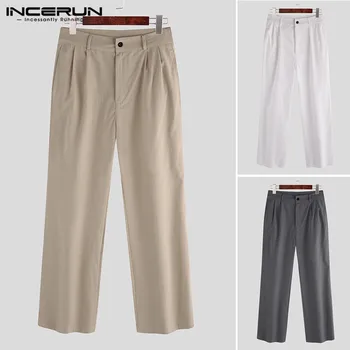 

2020 Cotton Men Pants Button Joggers Solid Loose Streetwear Business Casual Straight Pants Trousers Men Pantalones S-5XL INCERUN