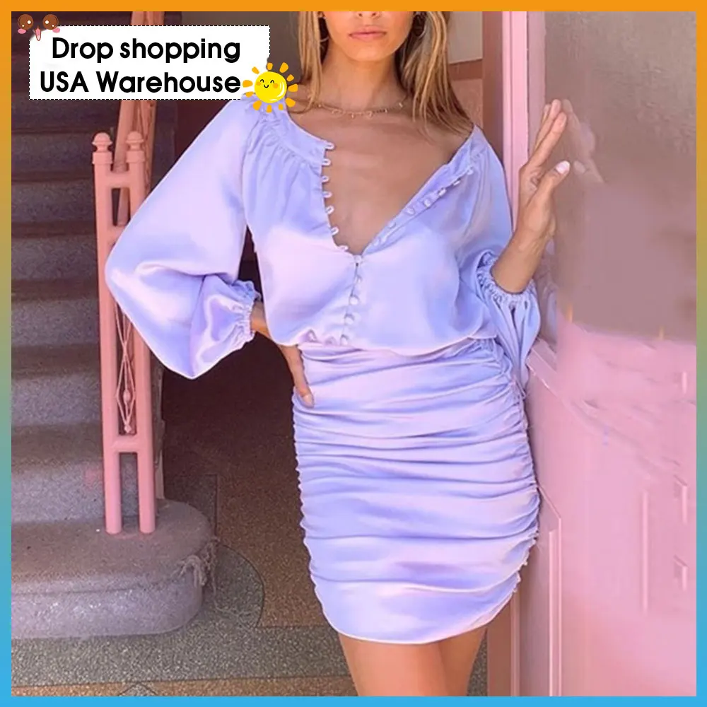 

Women's 2020 Autumn New round Neck Puff Sleeve Single-Breasted Pleated Bag Hip vestido de mujer bag hip slim dress