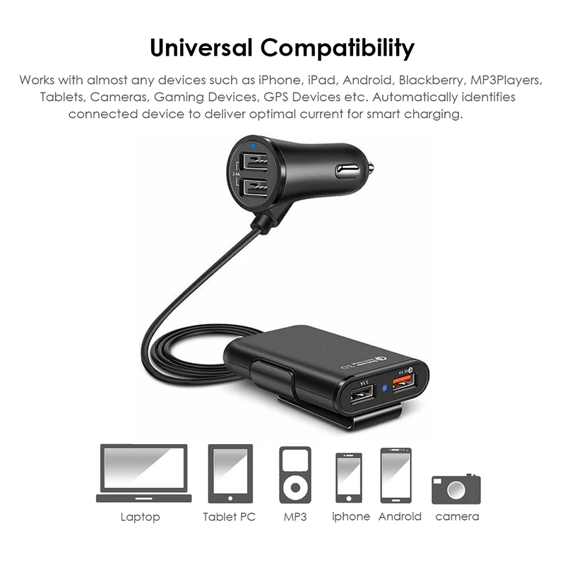 Car Charger Rear Seat with 4 USB Ports Mobile Phone Adapter QC 3.0