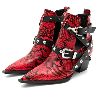 

Mobetty Print Snake PU Leather Belt Buckle Women Ankle Boots PointedBToe Thick High Heels Female Boot Shoes Women 2020 Snakeskin