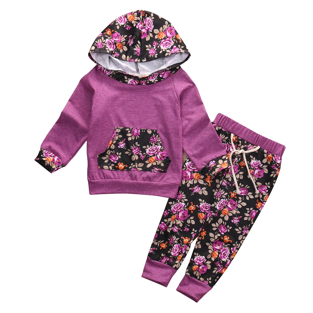 2 предмета, осенняя одежда с цветочным принтом для новорожденных мальчиков и девочек хлопковый свитер с капюшоном топы с длинными рукавами и штаны, комплект одежды