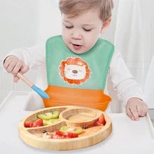 Assiette d'entraînement en bambou pour bébé, ensemble de bols d'alimentation, aspiration en Silicone, cuillère d'entraînement, fourchette, vaisselle 