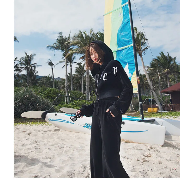 

Zmra 2019 Autumn & Winter Casual Embroidery Set Loose-Fit Slimming Hooded Two-Piece Set Sports WOMEN'S Suit