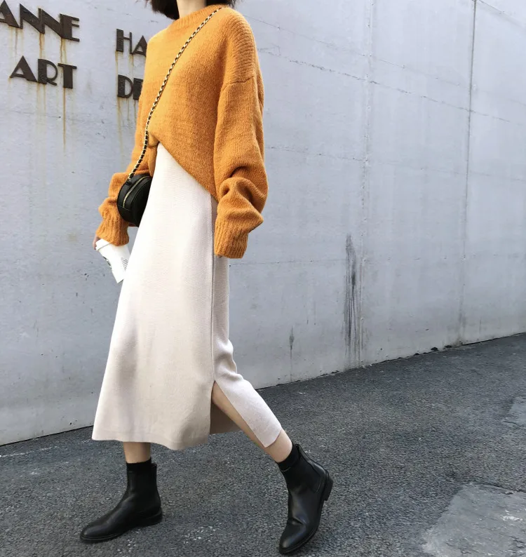 apricot skirt Осень зима Женская трапециевидная юбка с разрезом вязаная элегантная женская Повседневная модная эластичная высокая талия Корейская длинная миди юбка куртка - Цвет: apricot skirt