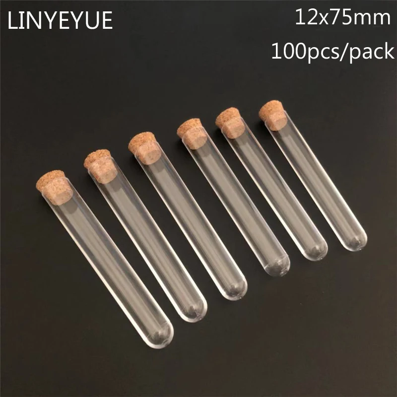 

(100pieces/pack)12*75 Transparent Plastic Test Tubes With Corks Stoppers Round Bottlom Laboratory School Educational Suppplies